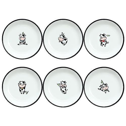 Bicuzat Funny Cartoon Cow Bird Pattern Ceramic Sauce Dishes, Seasoning Dishes, Sushi Soy Dipping Bowls, Appetizer Plates, Dessert Plates, Little Cat Bird Feeding Bowls, Set of 6-Colorful-5 Inch