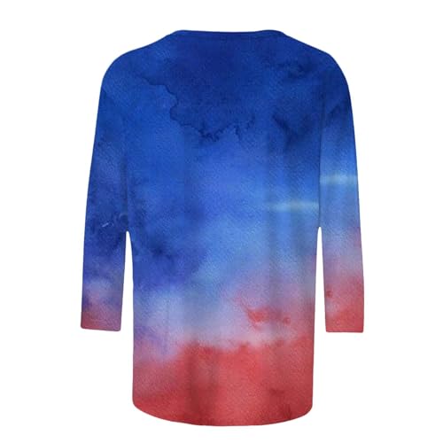 Camiseta feminina 4 de julho casual bandeira americana listras estrelas manga 3/4 gola V túnica Memo