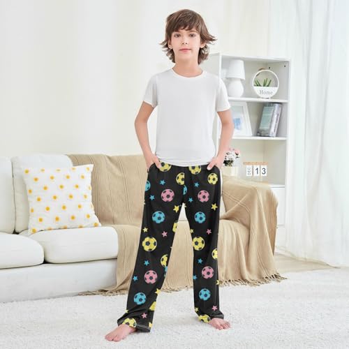 VIGTRO Pajama Pants Long Sleep Bottoms Colorful Soccer Balls Black Background, Soft Elastic Waist Lounge Pants with 2 Pockets Size 6-8 Years4