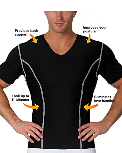 Insta Slim By I.s. Pro (Made In Usa) Men's Slimming Compression Fitted Body Shaper V-Neck Short Sleeve Shapewear Shirt For Slimmer Love Handles & Beer Belly Area & Back Support (Black/White, Md) #TOP4