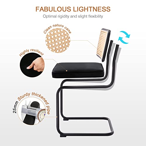 Zesthouse Dining Chairs Set Of 2, Velvet Rattan Side Chairs With Cane Back & Stainless Chrome Base, Modern Mid Century Breuer Designed Chairs, Upholstered Dining Living Room Kitchen Chairs, Black #TOP4