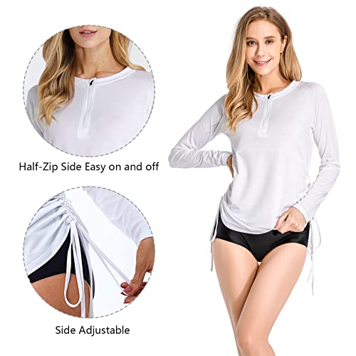 Women's Long Sleeve Rash Guard Uv Sun Protection Shirts Half-Zip Side Adjustable Wetsuit Swimsuit Top White M #TOP2
