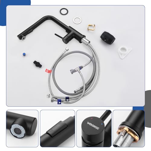 Niederdruck Armatur Küche Ausziehbar, WOOHSE Wasserhahn Küche Schwarz mit Brause 2 Strahl, 360° Drehbar Küchenarmatur Niederdruck Wasserhahn mit 3 Anschlüsse für Boiler, Spültischarmatur aus Edelstahl