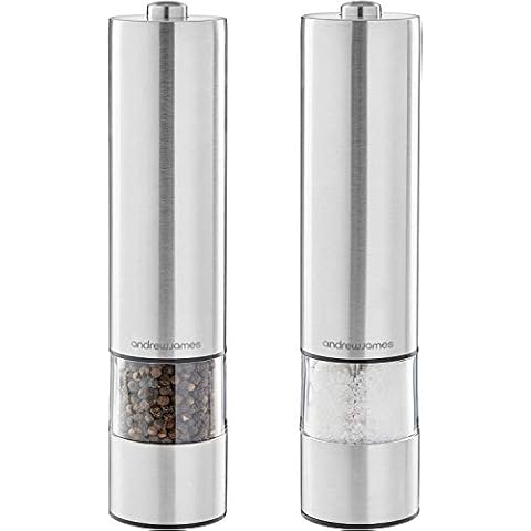 Andrew James Salt and Pepper Mills Electric Grinder Set | Illuminated Dispensing Adjustable Coarseness from Ceramic Blades | One Touch Operation | Battery Powered | 23cm x 5.5cm (Silver) Cover
