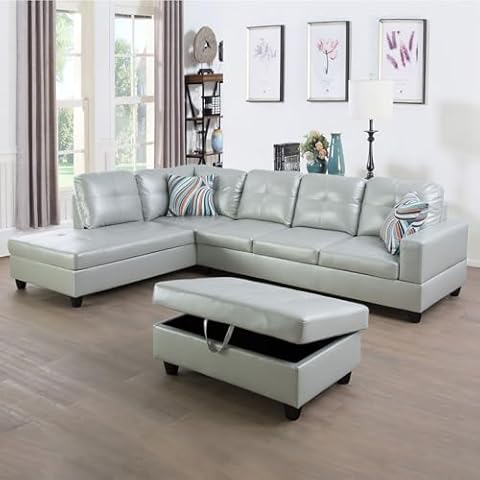SumKea Sectional Sofa Set, L Shape Couch, Faux Leather 5-seat Sofa with Storage Ottoman & Pillows, Left Hand Facing,Silver Green Cover