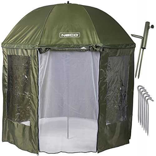 NECO Ø250 cm Fishing Umbrella, Fishing Tent for 3 People, 3 Windows, Mosquito Net, Umbrella Stand, Pegs, 220D Material