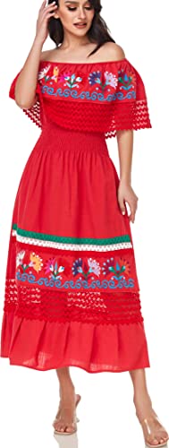 Image of YZXDORWJ Women Embroidered Mexican Peasant Casual Sexy Lace Off-Shoulder Long Dress