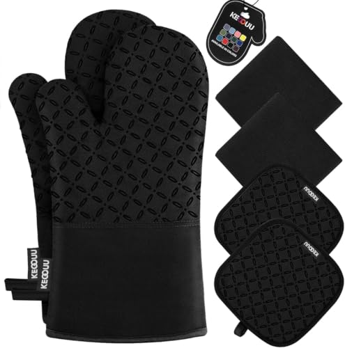 Image of KEGOUU Oven Mitts and Pot Holders 6pcs Set, Kitchen Oven Glove High Heat Resistant 500 Degree Extra Long Oven Mitts and Potholder with Non-Slip Silicone Surface for Cooking (Black)