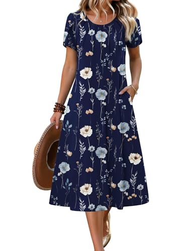 Zeagoo Womens Casual Midi Dresses Summer Long Dresses for Women Casual Floral Midi Dress 2026 Ladies Flowy Sundress, Navy Floral 02 XL