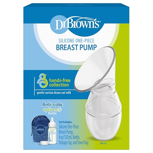 Dr. Brown's 100% Silicone One-Piece Breast Pump, Hands-Free Breast Milk Collector with Anti-Colic Options+ Baby Bottle, 4 oz with Slow Flow Nipple, Travel Lid and Travel Bag