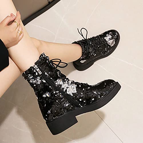 FIFSY Women Sequin Glitter Combat Ankle Boots Shiny Lace up Block Heels Sparkly Boots4