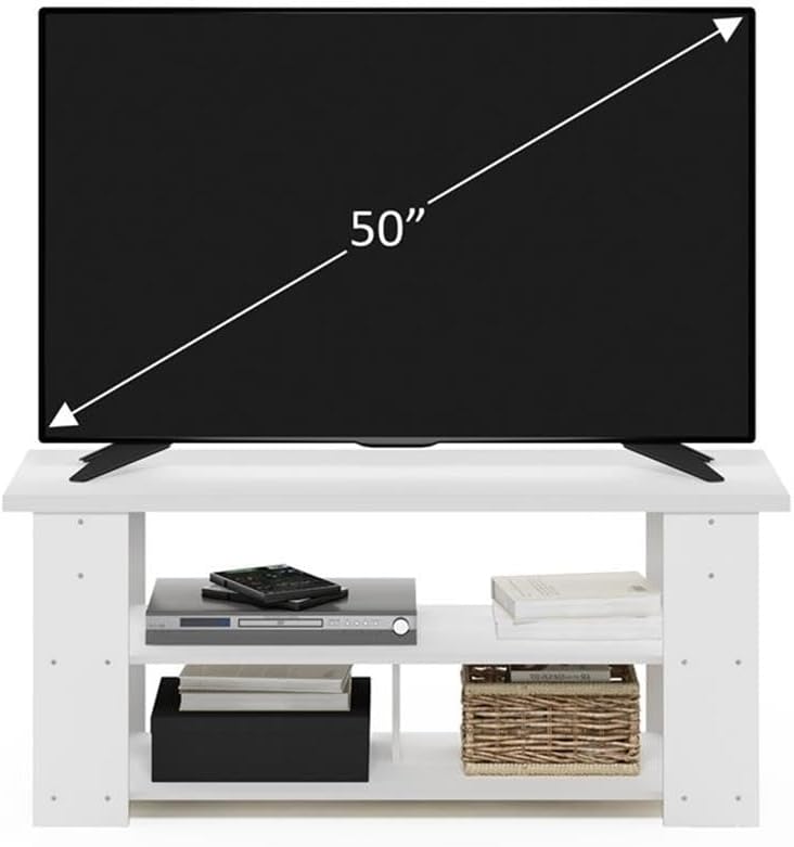 Pemberly Row Contemporary TV Stand, Up to 55-Inch, White Finish, Composite Wood, 46.85 x 20 x 15.55 Inches, Open Shelves for Media Storage, Lightweight Space-Saving Design for Living Room