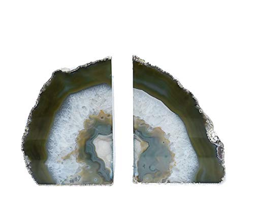 Nature&rsquo;s Decorations - Silver-Rimmed Agate Bookends, Book Stoppers with Silver Edges, Agate Decor Stone Bookends, Set of 2 Electroplated Silver Bookends-Large, Approx. 3 x 6.5 x 5.5 in, 4-6 lbs, Green