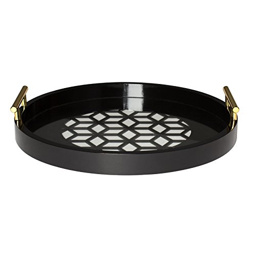 Kate And Laurel Caspen Round Cut Out Pattern Decorative Tray With Gold Metal Handles, Black #TOP1