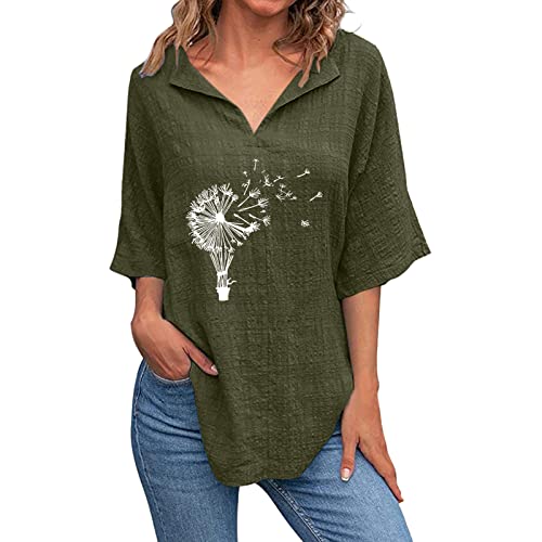 T-Shirt Vintage Femme - Femmes V Chemises Au Cou Manches Courtes Impression Pissenlit Coton Linge De Lit Chemisier D'Été en Vrac Décors Tuniques Casual Salopette Grande Taille