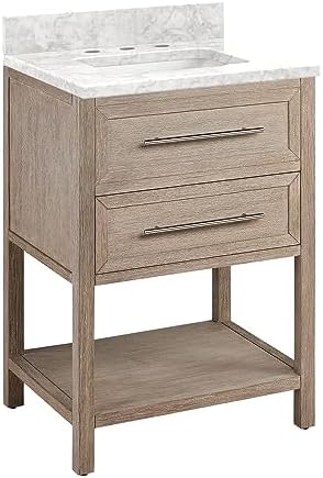 Signature Hardware 953906-24-RUMB-8 Robertson 24" Single Vanity Set with Mahogany Cabinet, Quartz Vanity Top, and Rectangular Sink - 1-1/2" Faucet Holes - Brushed White/Carrara Marble