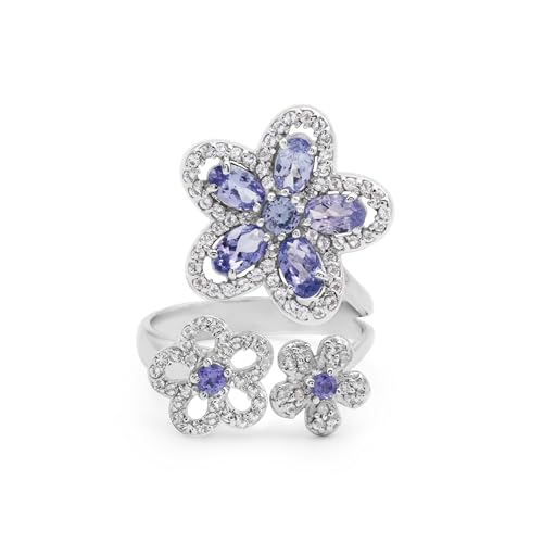 Bague ajustable fleur argent 925 avec tanzanite : cadeau idéal pour femme