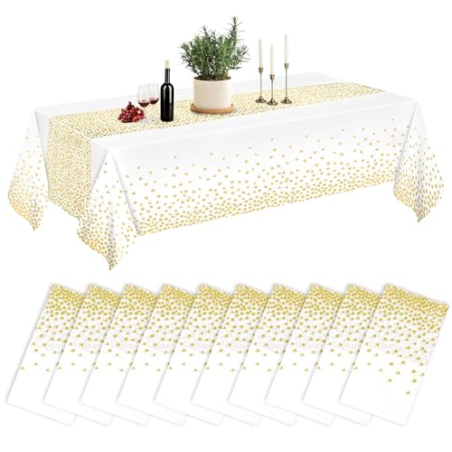 Lot de 10 nappes jetables en plastique blanc - 137 x 274 cm - Nappe de jardin à pois dorés - Nappe rectangulaire - Pour anniversaire, fête, mariage