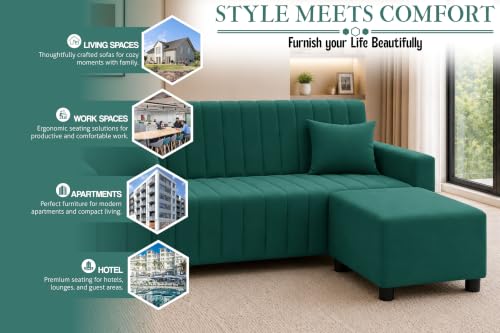 Image of Rosebell Three Seater Sofa Set with Ottoman | Living Room Couch | with Printed Cushions | Sofa for Home, Apartment & Office-Green Color