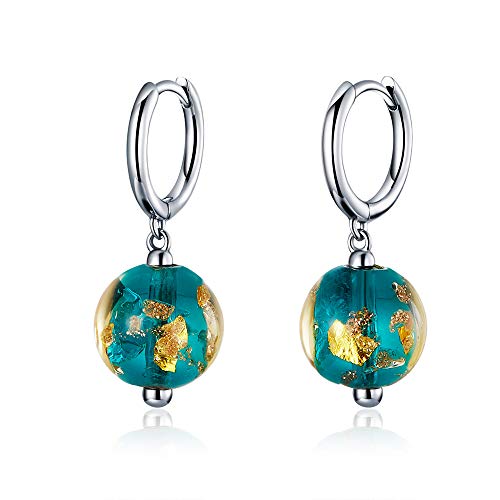 Dainty Blue Earth Drop Dangle Small Hoop Earrings for Women Girls 925 Sterling Silver Gold Continents Round Murano Glass Ball Earring for Sensitive Ear Fashion Jewelry Souvenir Gift