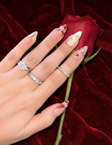 Medium Almond Press on Nails - Red Tartan French Tip, Bling Gems,...