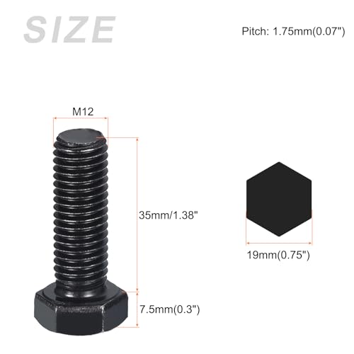 Image of METALLIXITY Hex Bolts (M12-1.75x35mm) 5Pcs, 8.8 Grade Carbon Steel Fully Threaded Black Oxide, Coarse Thread UNC Hex Head Screw Bolt - for Furniture Repair
