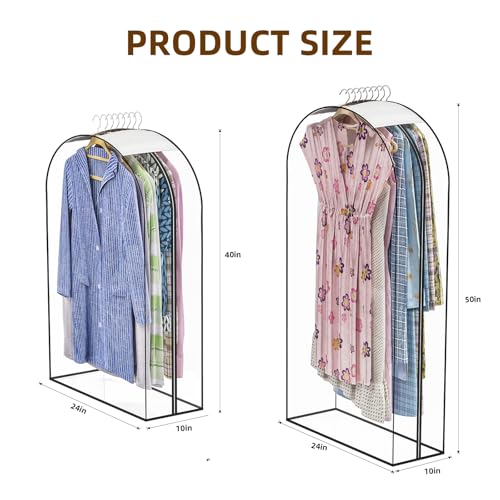 Jollygleam Upgraded Thickened Clear Garment Bags for Hanging Clothes 4 Packs (40 & 50 inch), 10“ Gusseted Clothes Hanging Storage Bags for Closet, Shirts, Coats, Dresses