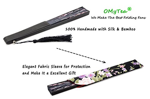 OMyTea Hand Held Silk Folding Fans with Bamboo Frame - with a Fabric Sleeve for Protection for Gifts - 100% Handmade Oriental Chinese/Japanese Vintage Retro Style - for Women Ladys Girls (Black)