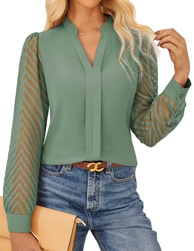 GRACE KARIN Damen Business Blusenshirt Elegante V-Ausschnitt Oberteile Spitze Transparenten