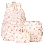 TIAASTAP Aesthetic School Bag for Girls Cute Backpack Sets Preppy School Backpack Kawaii Girls Rucksack for Teenage Secondary Primary Middle School (A01 Bow Pink)