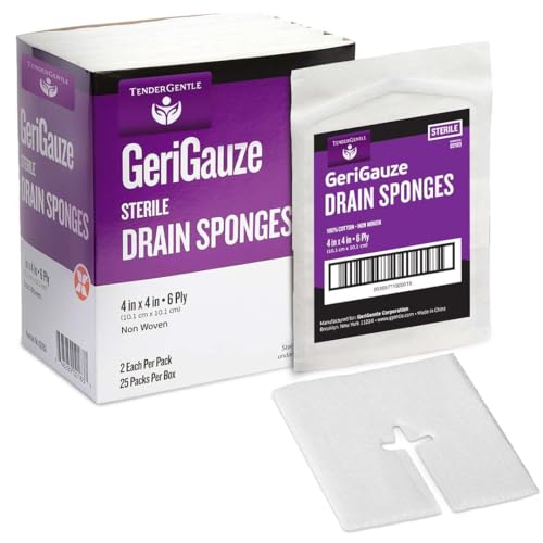 Split Gauze Sponges 4x4 Sterile [Pack of 50] 6 Ply Feeding Tube Pads - Drain Sponges for Catheters, IVs, Tracheostomy, and G Tubes