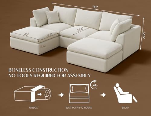 ohllob 110\" Cloud Sectional Couches for Living Room, Boneless U Shaped Couch with Ottoman, 3 Seater Modular Sectional Sofa, Warm White