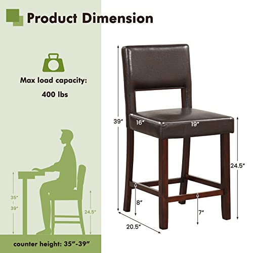 Image of COSTWAY Bar Stools Set of 2, PVC Leather 24.5 Inch Counter Height Chairs with Hollowed Backs, Rubber Wood Legs, Upholstered Barstools for Kitchen Island Home Bar Pub Dining Room, Brown