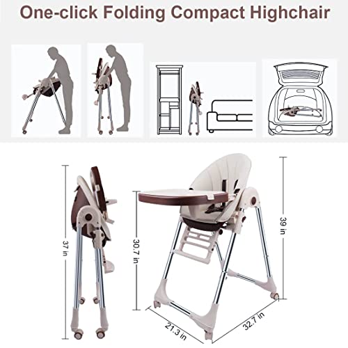Baby High Chair For Toddlers Kids Feeding Height Convertible With Removable Tray, Multifunctional Portable Children Dining Reclining Chair Foldable With Wheels, Beige #TOP5