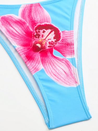 Image of ZAFUL Women's 3 Piece Floral Swimsuit Draped Neck Halter Bikini Tie Side Bathing Suit with Sheer Cover Up Skirt