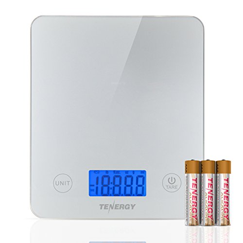Tenergy Digital Kitchen Scale, Touch Sensitive Food Scale with Backlit LCD Display and Tare Function, Tempered Glass Scale for Cooking/Weight-Loss/Baking, 11lb 5kg, Batteries Included