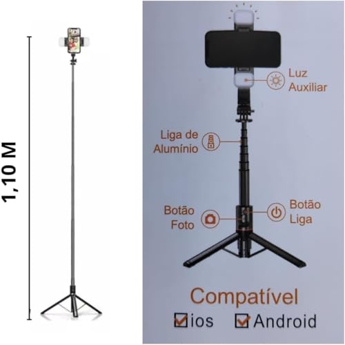 Bastão Tripé Pau de Selfie Celular 1,10mt Iluminação Led Dupla - Branco RMb