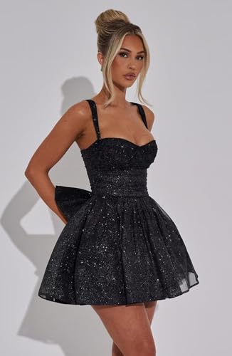Sparkly Short Homecoming Dresses for Teens with Bow Puffy Pleated Graduation Prom Cocktail Party Gown2