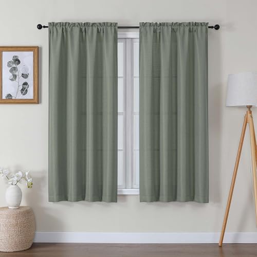 Lecloud Bessie Olive Green Curtains 63 Inch Length 2 Panels, Light Filtering Curtains for Bedroom, Faux Linen Textured Rod Pocket Curtain Drapes, Window Treatments for Living Room, Each 40 W x 63 L