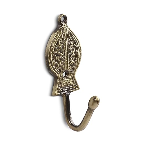 FAPBADRI Multipurpose Hooks, Used to Hang Clothes, Bags, Coats, Curtain Hold Backs, Keys, Colour - Antique Gold, Material - Brass, Retro Design, Screws and Wallplugs Included, Pack of 2 Pieces