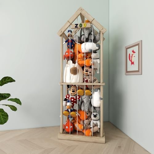 Stuffed Animal Storage Zoo, 60.6" Tall Solid Pine Toy Storage Organizer, Reinforced Wooden Base & House Shape Plushie Holder Cage, Large 3D Plaque for Nursery Bedroom Playroom Decor (Natural)