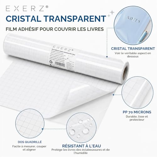 EXERZ Rouleau de couverture de livre auto-adhésif 33 cm x 5 m – Film en plastique transparent et imperméable à dos adhésif pour cahiers d'exercices, carnets, création d'étiquettes, loisirs créatifs et – vue 9