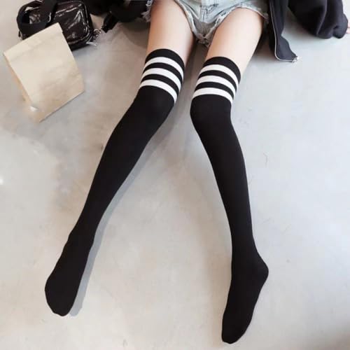 High socks for women, knee high socks, student socks, high socks, thigh high socks (Black+White)