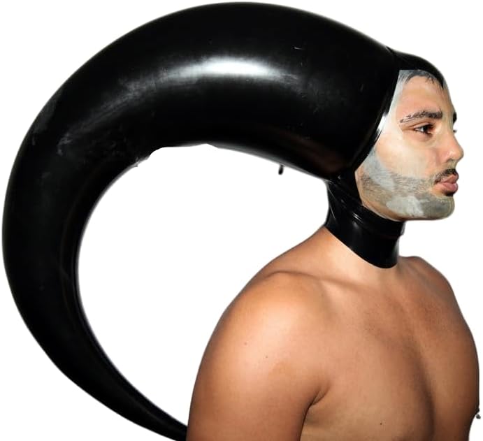 Halloween Latex Mask Two Black Inflatable Ram Head Horned Hood Cosplay