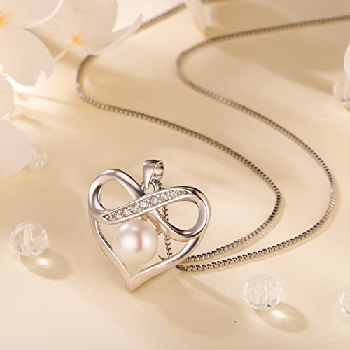 Nonnyl Pearl-Necklace-Heart-With Infinity Design Gifts For Women, Mom Wife Girlfriend Her Anniversary Birthday Mothers Day Valentine's Day Christmas Jewelry Gifts Real 8-9Mm White Freshwater Cultured Pearls Pendant #TOP3