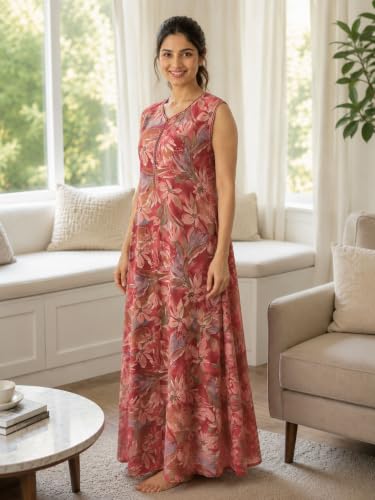 Image of 9shines Label Alpine Sleeveless Nighty | All Over Print Maxi for Women | Night wear for Women | Full Length Night Gown for Women | Night Dress for Women Stylish (Alpine Sleeveless 24)