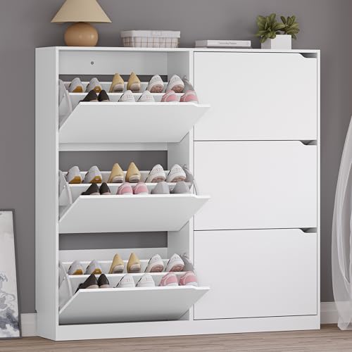 Image of BORNOON Shoe Cabinet with 6 Flip Drawers, Slim Narrow Shoe Storage Cabinet, Freestanding Shoe Organizer for Entryway, Hallway, Foyer