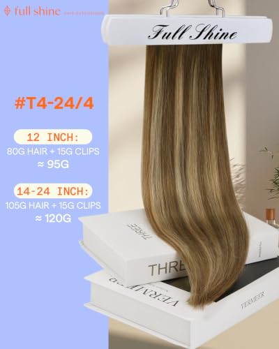 Image of Full Shine Clip in Hair Extensions Real Human Hair Brown Balayage | Hair Clip in Extensions, Double Weft, Medium Brown Human Hair Extensions for Women, 14 Inch 7 Pcs 120g
