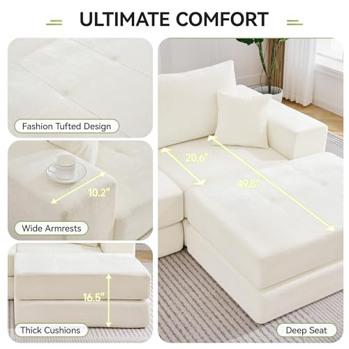 Image of 79 inch Boneless Cloud Loveseat Sofa Couch, Modular Tufted Foldable Floor Sofa with Ottoman, Chenille Lounge Convertible Sofa Bed for Living Room, No Assembly, Beige