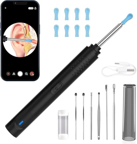 Otoscopio Limpiador de Oídos Herramienta de Endoscopio de Oído Limpiador de oídos Inalámbrico con Cámara HD de 1296P y 9 Orejeras Intercambiables para iPhone/iPad/iOS/Android